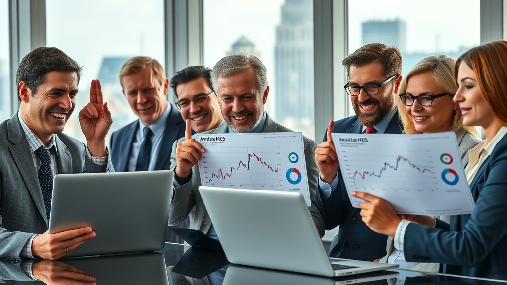 American business team collaborating on improving corporate reputation, reviewing headlines and analytics with US city backdrop.