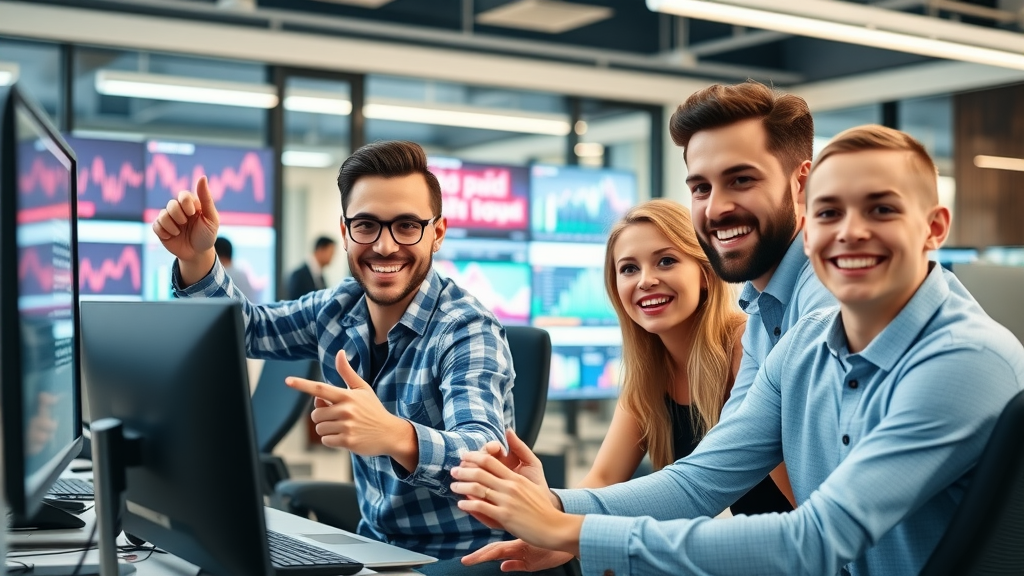 Energetic digital marketing team analyzing paid media strategies data in a modern office, paid media strategies