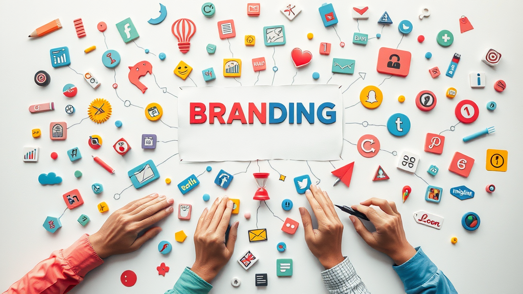 Concept collage showing different branding strategies including product, corporate, personal, and co-branding.