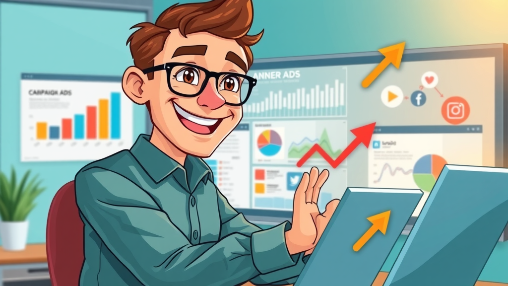 creative marketer integrating banner advertising with social media ad platforms, campaign dashboard
