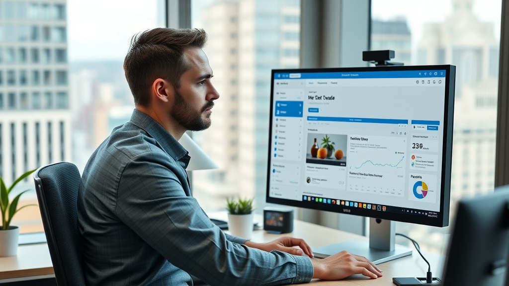 Marketer comparing Buffer and Hootsuite dashboards side by side in a modern office