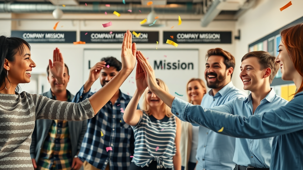 diverse employees celebrating team culture in a branded office environment