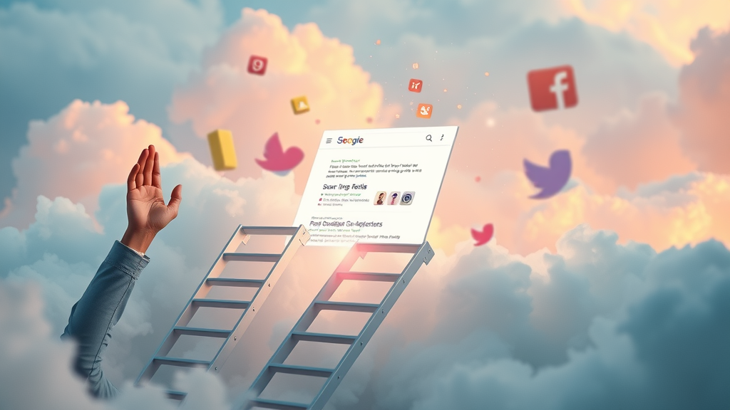 Social content climbing towards top search engine rankings with social media icons and digital effects