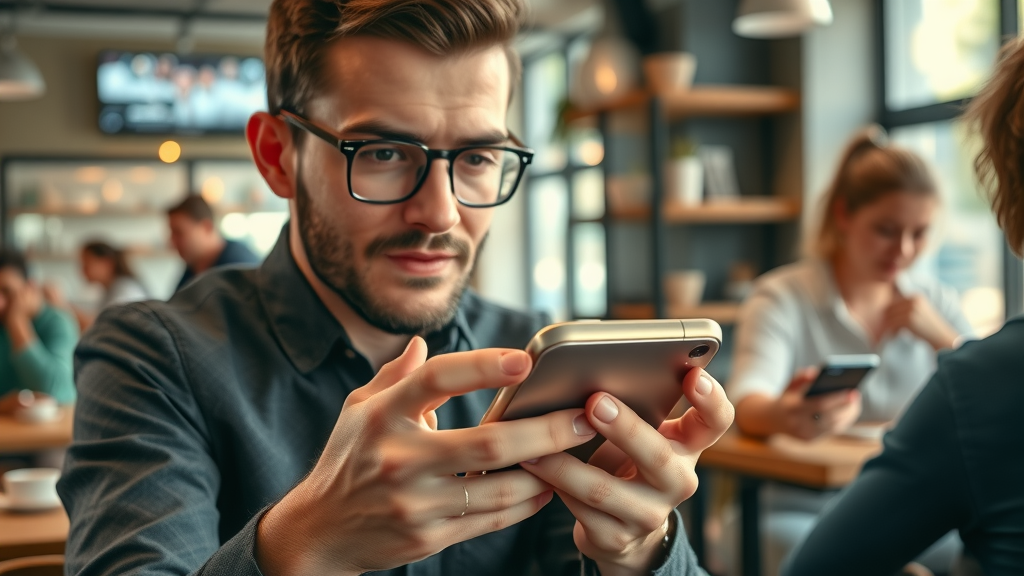 eye-catching smartphone user scrolling through vibrant social media feed in coffee shop - social media content creation