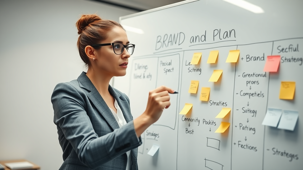 Businesswoman mapping out a strategic brand plan on a whiteboard for brand strategy development.