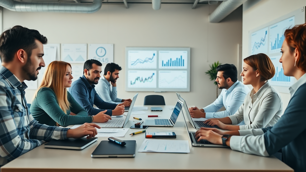 professional creative team planning social media content around table - social media content creation