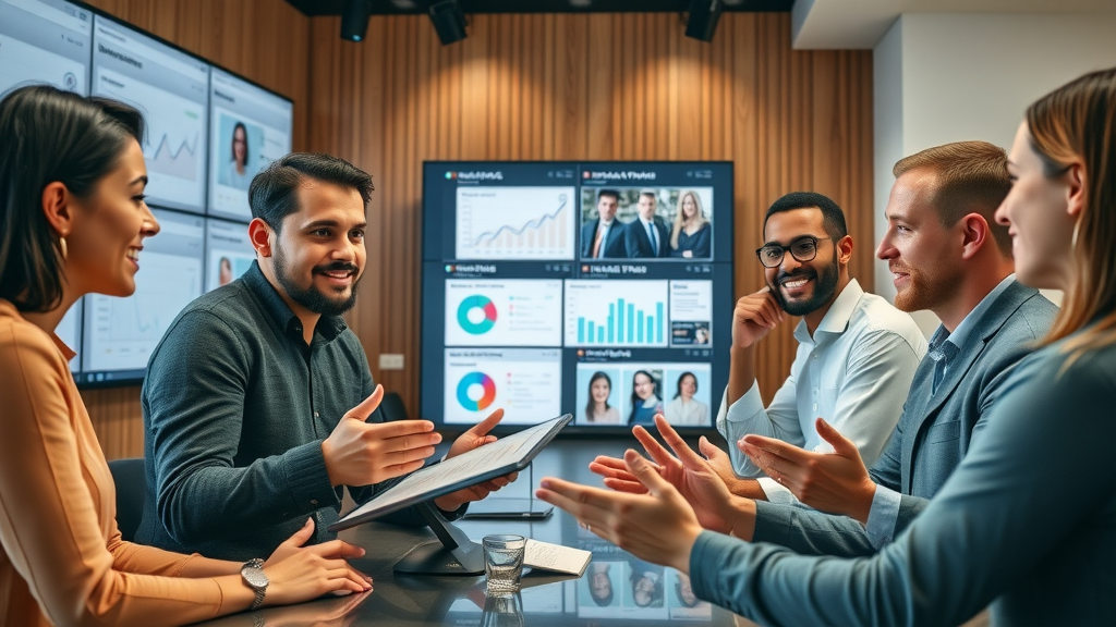 Marketing team collaborating with influencers and analyzing data to enhance digital marketing campaigns