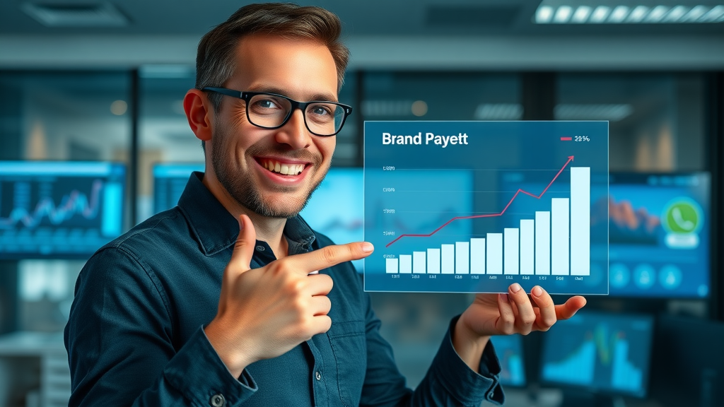 Inspiring entrepreneur presenting digital brand growth chart, brand identity metrics, branding, brand equity