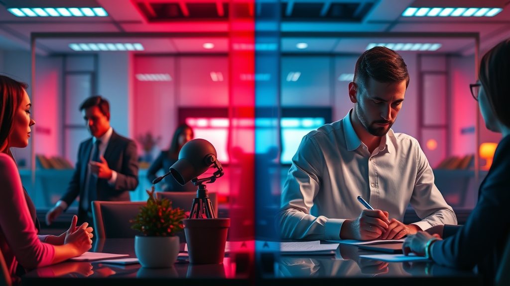 contrast of paid advertising team and content creators in office, content marketing vs paid ad strategies