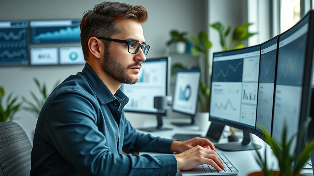 Digital marketing manager monitoring social media trends and analytics dashboards in a modern workspace