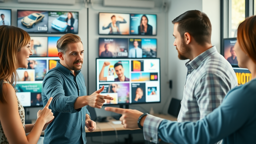 engaging creative team reviewing display ad mockups including banners, video, and interactive elements for display advertising platforms in a modern workspace
