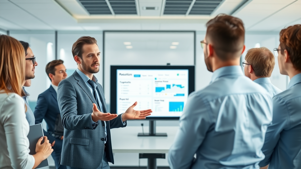 Corporate trainer teaching staff to use online reputation management software and response protocols