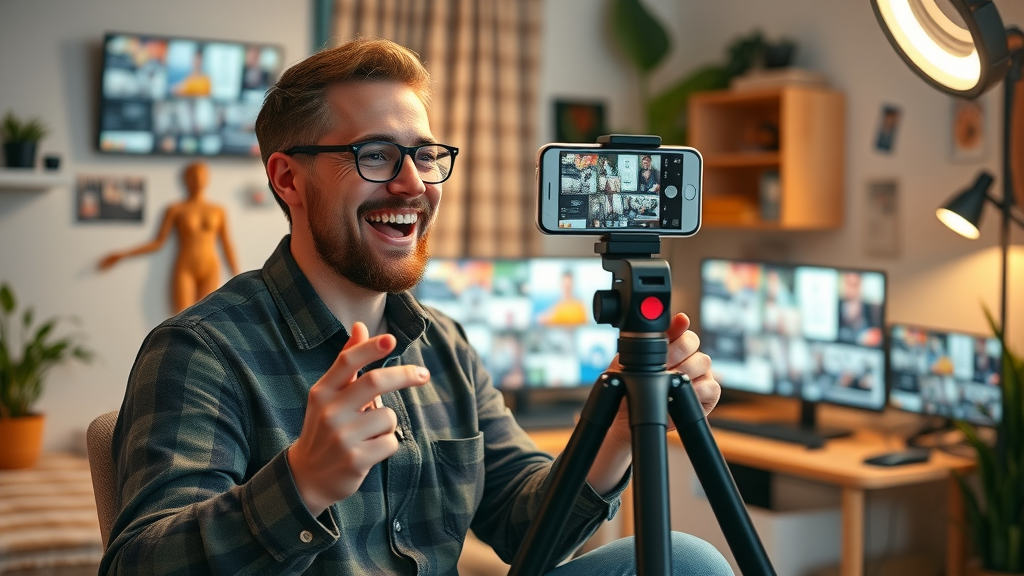 content creator filming engaging social media content in cozy home office