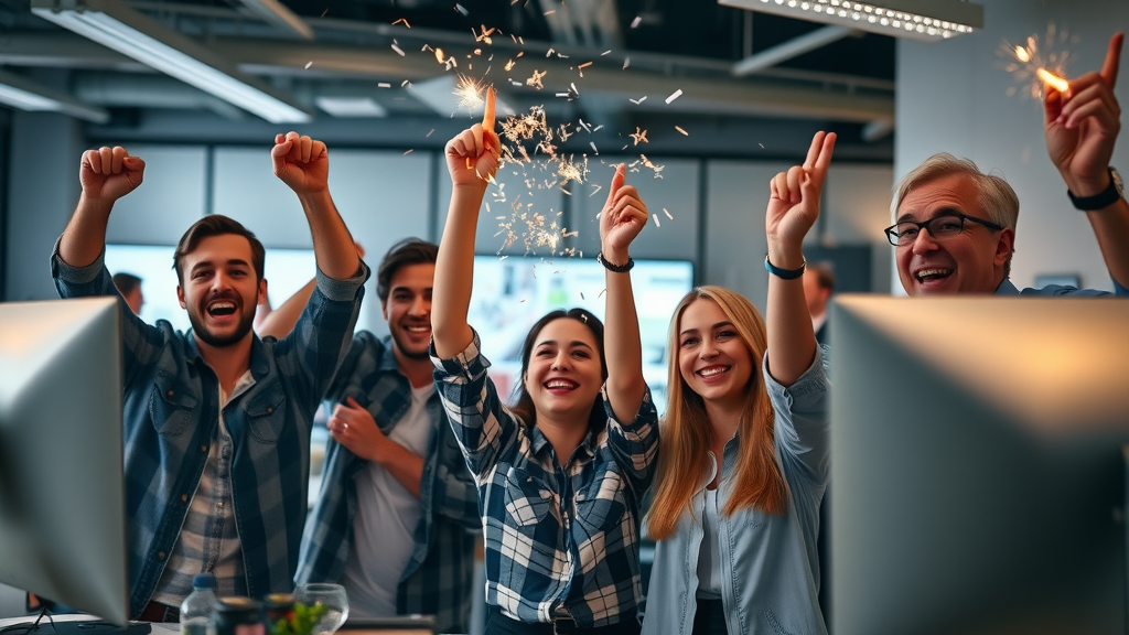 Brand team celebrating success of viral campaign on social media platforms