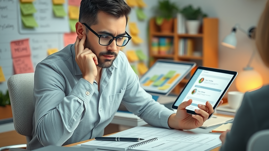 Professional marketer building holistic paid media plan with digital tablets, paid media strategy