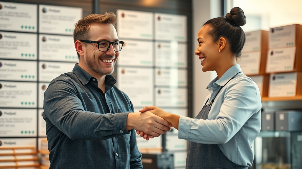 happy small business customer shaking hands with business owner after a sale