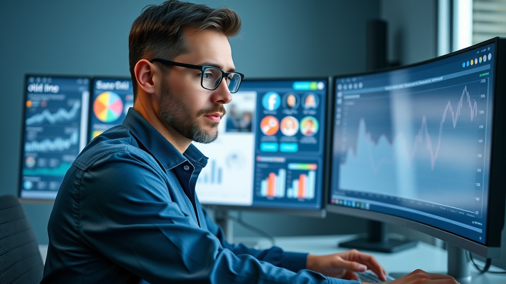 digital marketing expert managing facebook ad on advertising dashboard in modern workspace