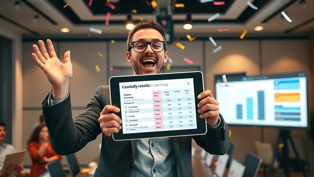 Excited marketing manager celebrates paid media strategy case study results with digital tablet