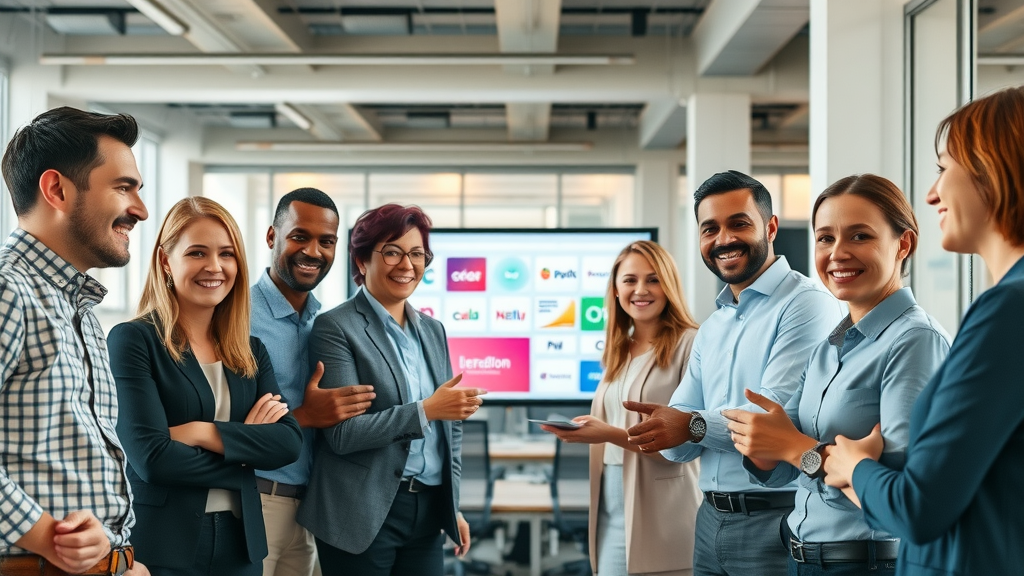 branding strategy team collaborating in modern office with visual branding elements on screens