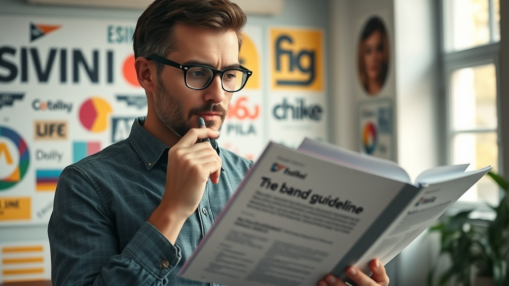 Inspiring brand strategist reviewing a brand guideline book in a creative agency, brand management