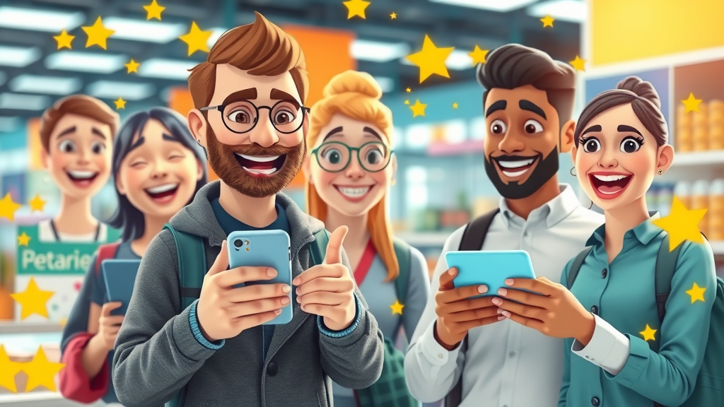 happy diverse customers leaving positive star ratings on online review apps