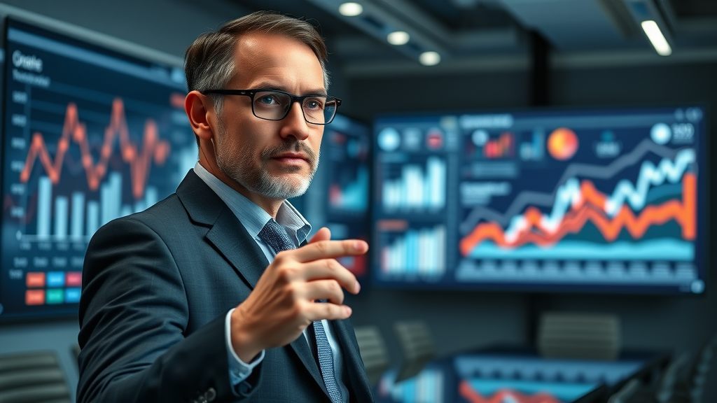 analytical marketing executive optimizing reputation marketing strategy with digital dashboard