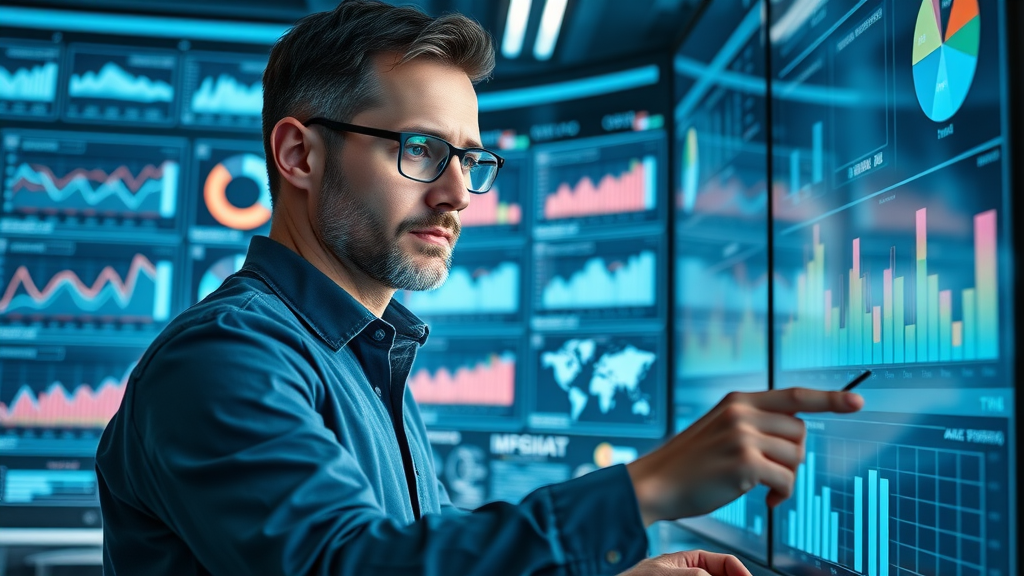 analytical marketer reviewing social media marketing analytics and KPIs dashboard in analytics hub