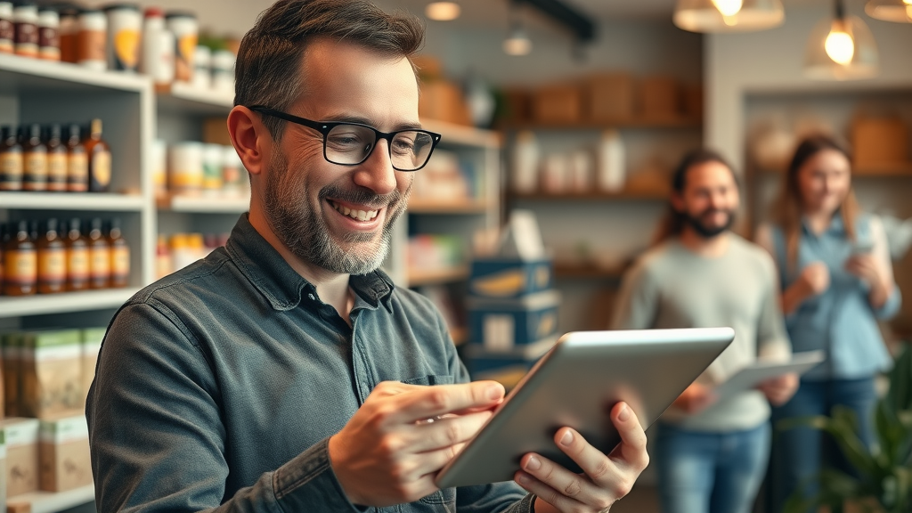 business owner reading positive online reviews and shaping customer perception, online reviews
