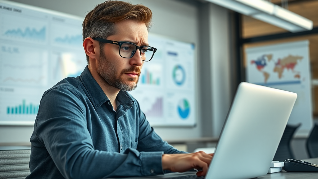 social media strategy analytics worried manager with follower metrics on laptop and whiteboard