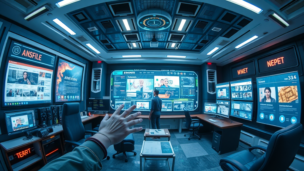 media ad AI-powered automation tools managing paid advertising campaigns with futuristic holographic displays