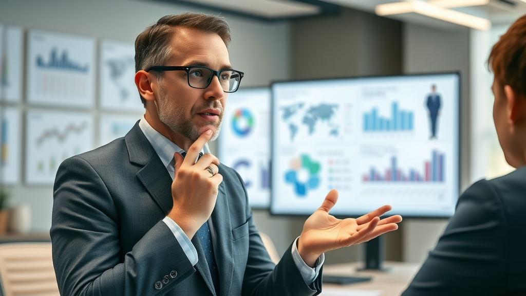 Business analyst presenting branding techniques ROI comparison on digital screen