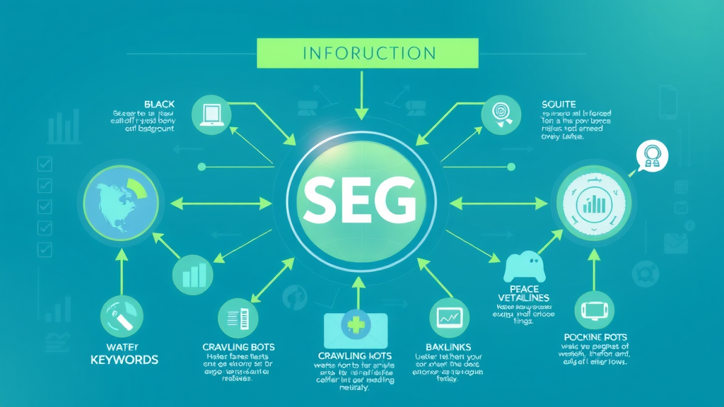 Infographic of SEO optimization elements including keywords, meta tags, and backlinks