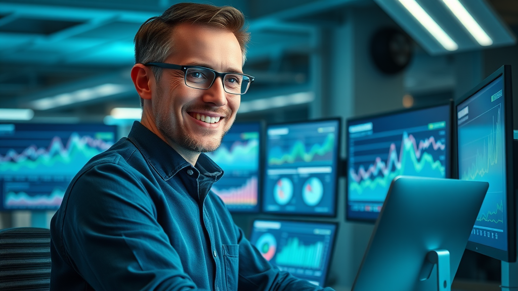 Confident digital analyst studying real-time interactive analytics dashboards from a management tool in a contemporary office