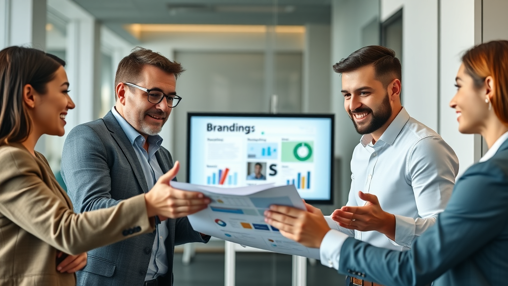 Modern business owners collaborating over branding strategy documents, confident expressions, sleek office, branding elements on screen, branding