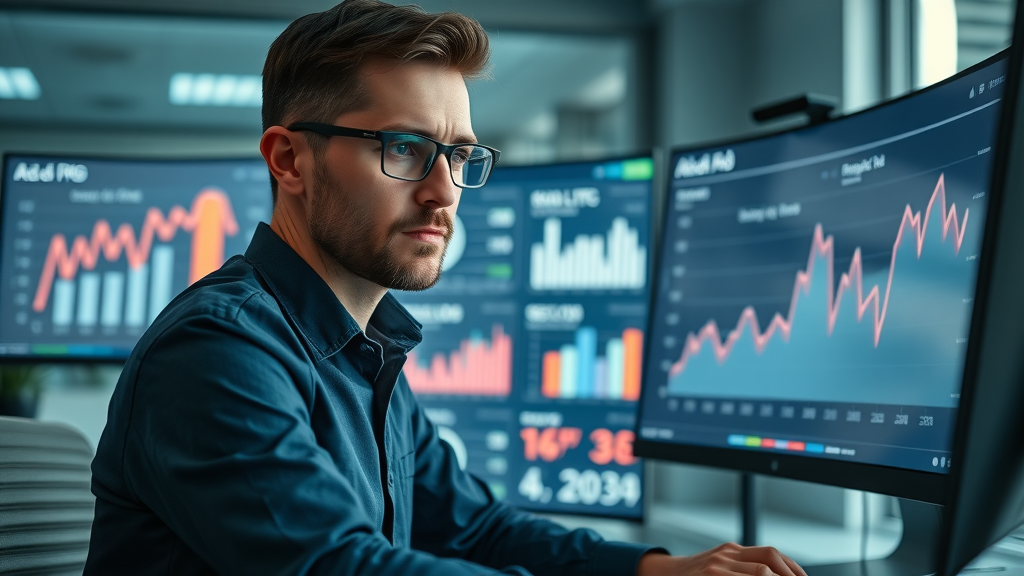 thoughtful digital marketer reviewing analytics dashboard for display ad performance with KPIs, cinematic modern workspace