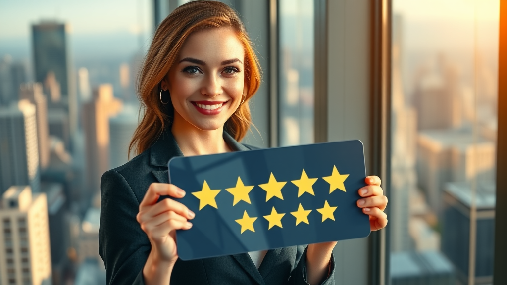 businesswoman celebrating five-star online review success for strong reputation marketing