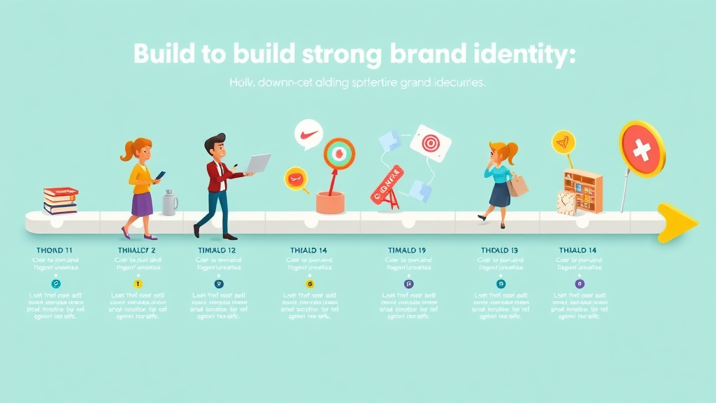 creative timeline infographic showing chronological steps to build a strong brand identity, including audience research, style guide development, and business card design