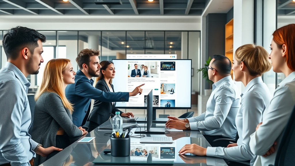 website design services - professional team collaborating on modern website layout in digital office