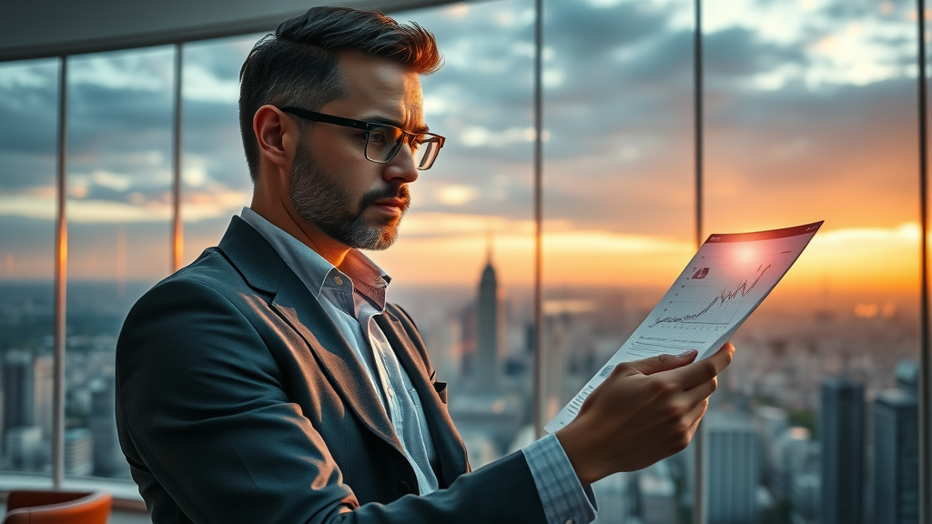 paid advertising visionary strategist reviewing digital ad trends with immersive graphs and a cityscape