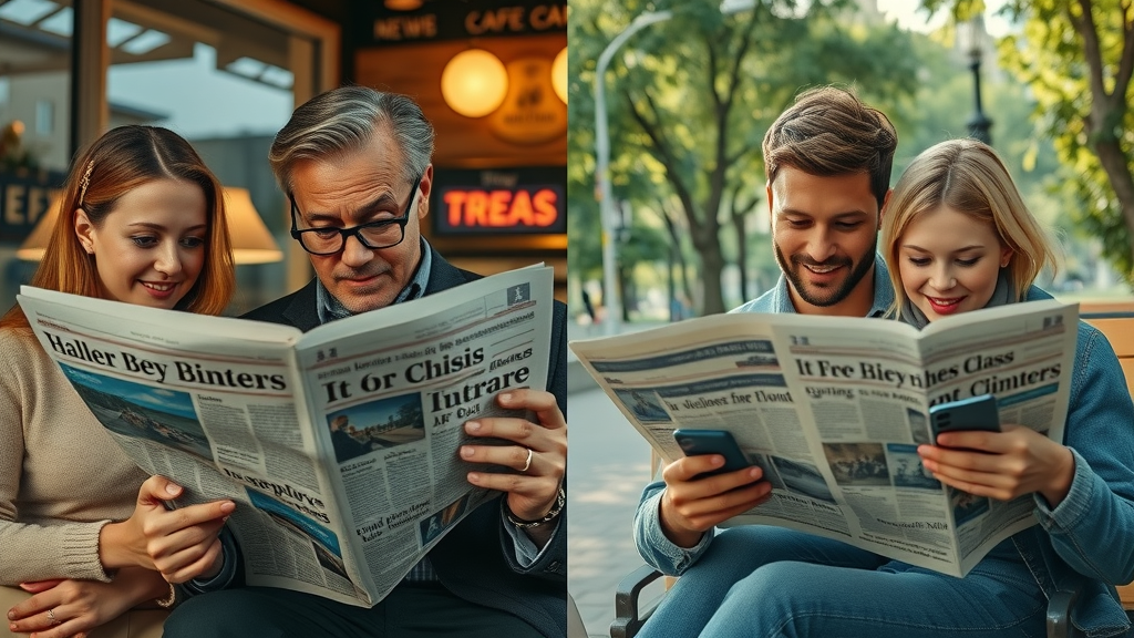 vintage newspaper readers contrasted with youth on smartphones social media influence