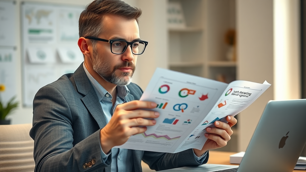 business owner evaluating digital marketing agency portfolio with detailed infographics