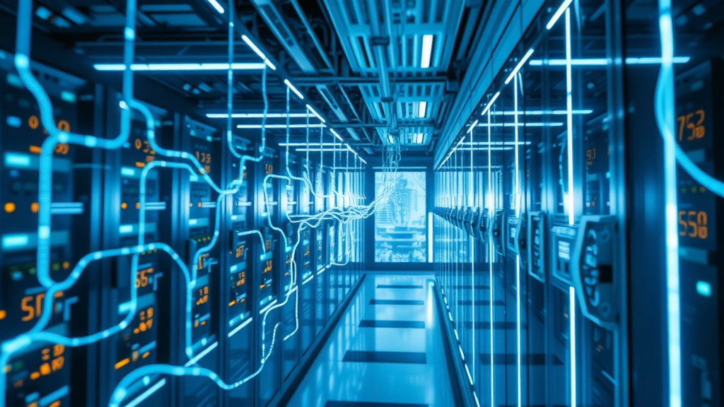 futuristic server room visualizing digital exchange between advertisers and publishers on display ad networks, analytical high-tech clean environment, data streams flowing, neon edge lighting