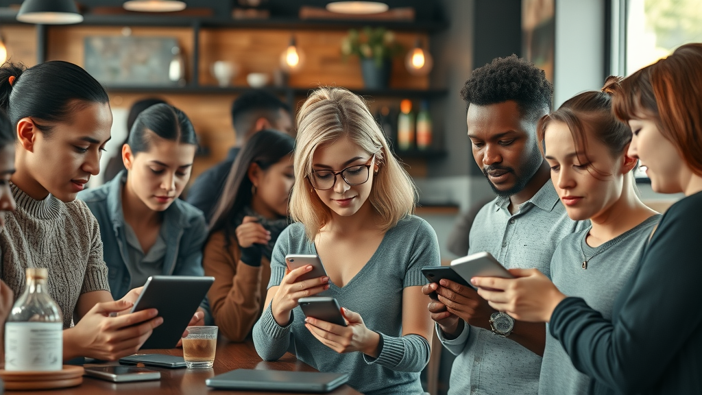 target audience personas for content marketing, customers engaging with digital devices in cafe