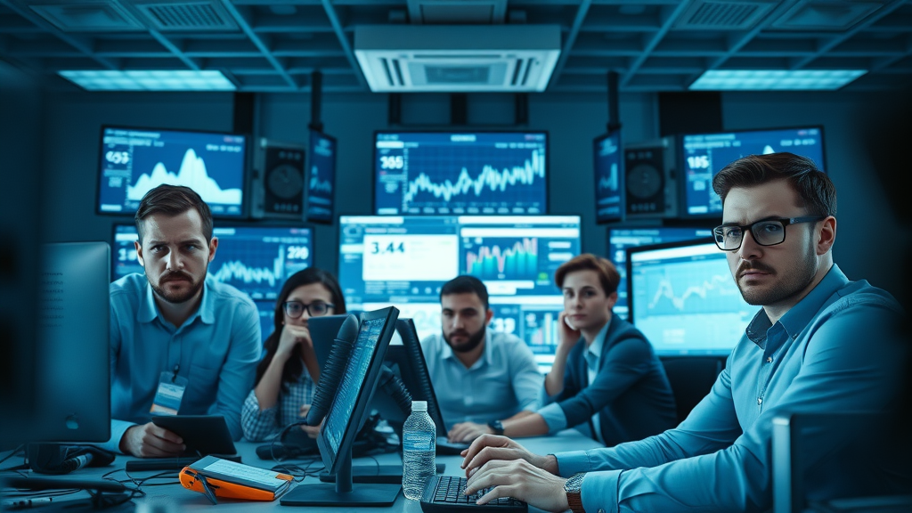 anxious digital marketing team analyzing reputation risk social media analytics war room