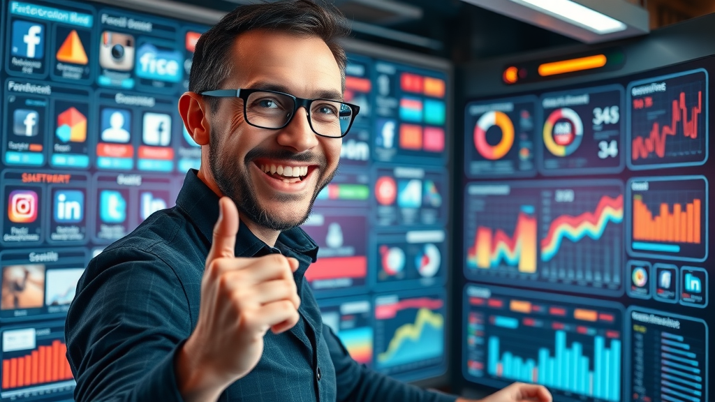 Marketing specialist overseeing aggregated social media retargeting ads on Facebook, Instagram, LinkedIn dashboards. Data visualization showing multi-channel marketing campaign performance.