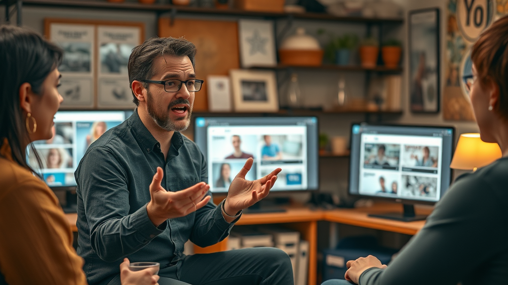 Storyteller sharing animated brand narrative with a creative team, enhancing brand story and engagement.