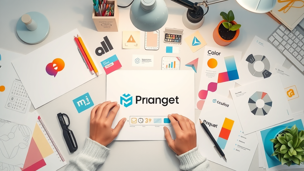 branding materials including logo sketches, color swatches, and typography samples demonstrating visual identity