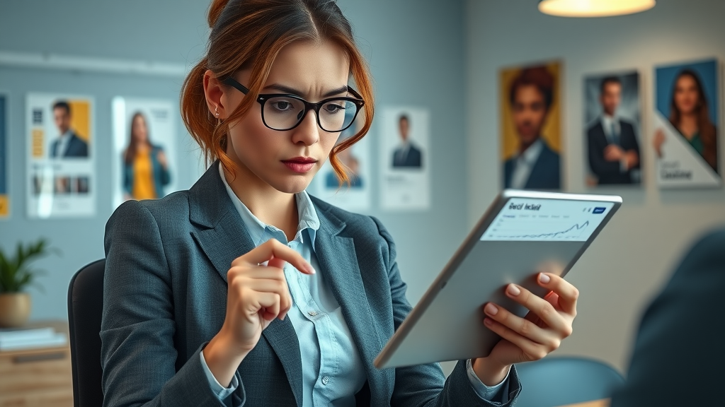 Businesswoman reviewing failed social media ad analytics, learning from common advertising mistakes