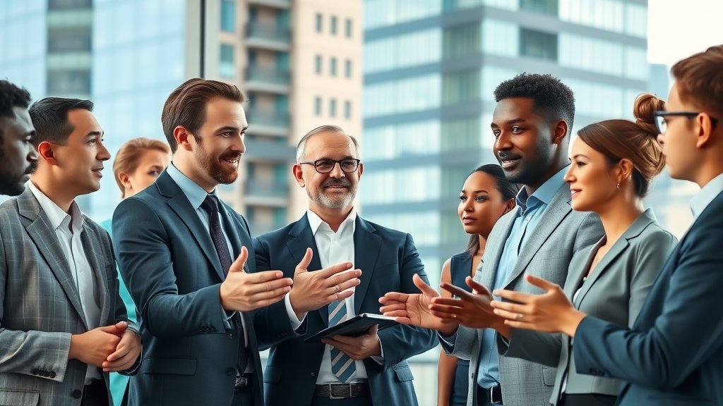 corporate reputation strategic business leaders engaged in discussion impressive headquarters
