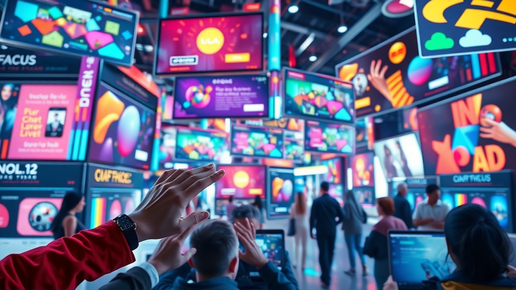 Users interacting with various digital display ad formats: banner ads, video ads, rich media ads